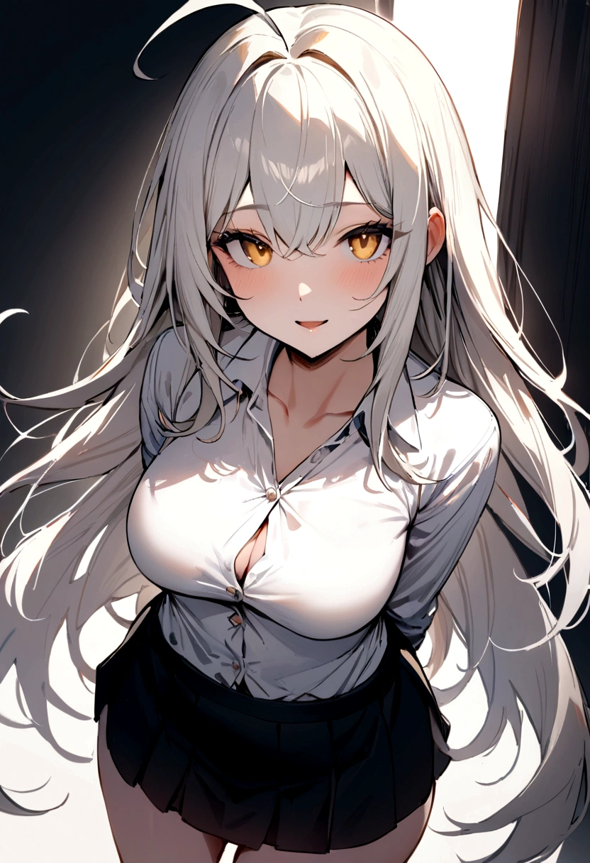 ((masterpiece, best quality)), (1girl), (solo), (female focus), (ahoge, white hair, very long hair), gold eyes, light smile, open mouth, ((white shirt), (buttoned shirt), (button gap)), ((black skirt), (short skirt)), standing, white background, arms behind back, dynamic angle,