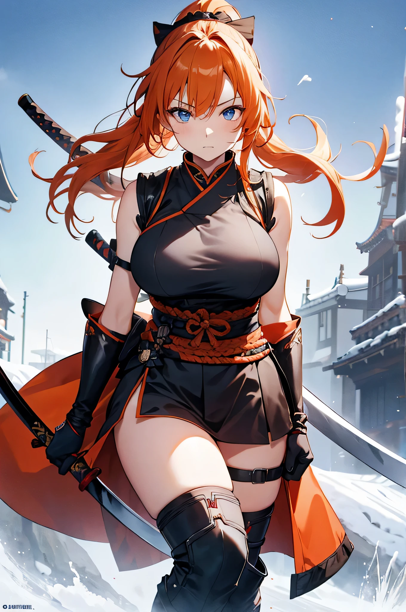 4k,High resolution,One Woman,Orange Hair,Long Ponytail,Blue Eyes,Big Breasts,samurai,Black samurai dress,Sleeveless,Black gloves,Black boots,hair band,Japanese sword,Medieval town