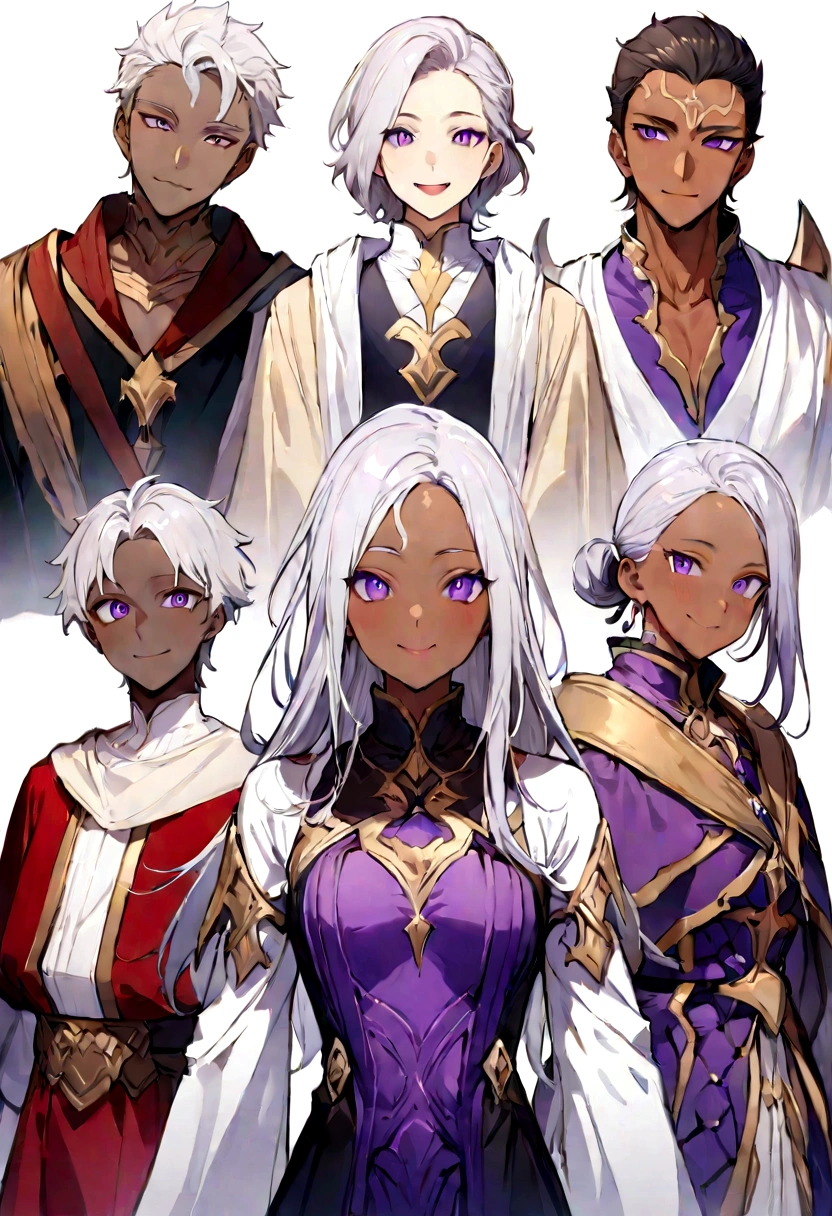 ((Highest quality)), ((masterpiece)), (((White Background))),male,(20th Generation),(Fantasy Costume),(youth),Character portrait,((Front view)),(((Character details))),Purple Eyes,Tan Skin,There are eyes on the forehead,((One person)),Are standing,Silver Hair,adult,smile,Facial Expression Differences