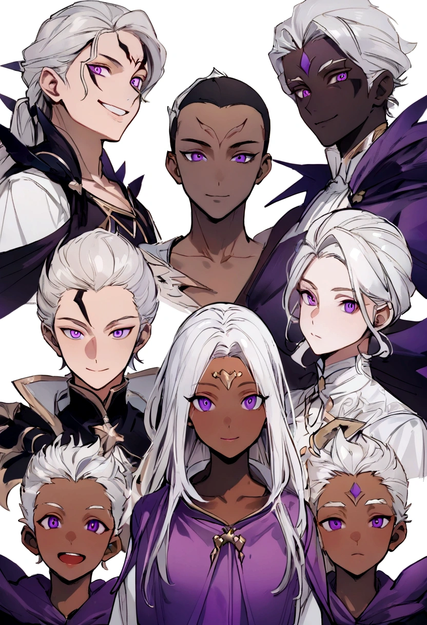 ((Highest quality)), ((masterpiece)), (((White Background))),male,(20th Generation),(Fantasy Costume),(youth),Character portrait,((Front view)),(((Character details))),Purple Eyes,Tan Skin,There are eyes on the forehead,((One person)),Are standing,Silver Hair,adult,smile,Facial Expression Differences