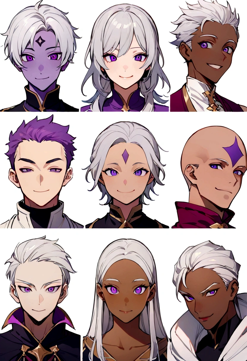 ((Highest quality)), ((masterpiece)), (((White Background))),male,(20th Generation),(Fantasy Costume),(youth),Character portrait,((Front view)),(((Character details))),Purple Eyes,Tan Skin,There are eyes on the forehead,((One person)),Are standing,Silver Hair,adult,smile,Facial Expression Differences
