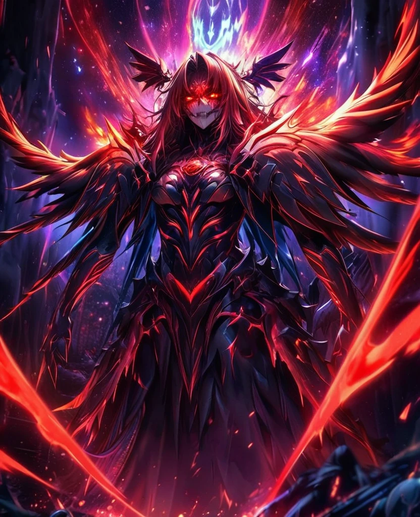 create fallen archangel,detailed angel wins, bloodlust, red glowy eyes, eerie, creepy, nightmarish, very bright colors, light particles, wallpaper art, cosmic energy,high detailed