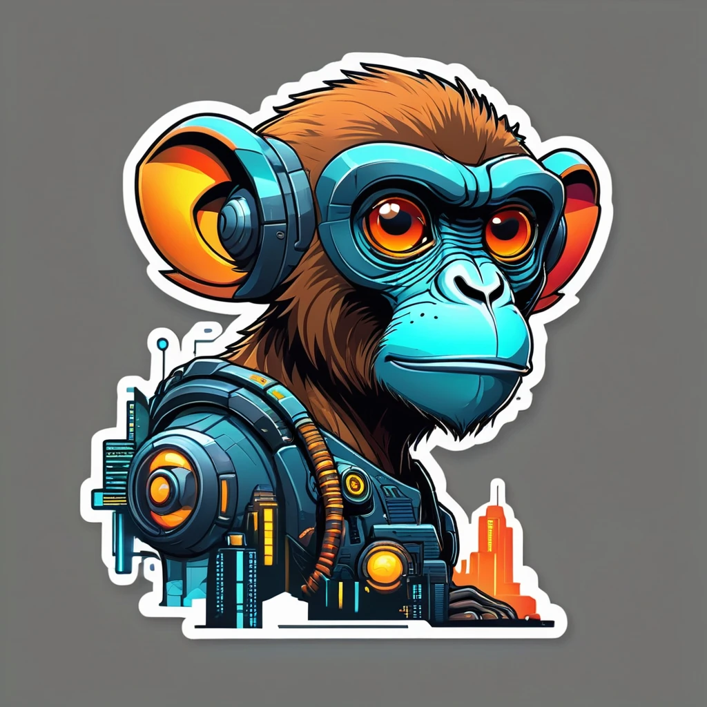 A futuristic monkey figure, with lights in eyes, surrounded by vibraprint ready vector t-shirt design, cyberpunk monkey illustration, side view, sticker, clean white background, professional vector, high detail, t-shirt design, graffiti, vibrant nt futuristic cityscape.A futuristic monkey figure, with lights in eyes, surrounded by vibraprint ready vector t-shirt design, cyberpunk monkey illustration, side view, sticker, clean white background, professional vector, high detail, t-shirt design, graffiti, vibrant nt futuristic cityscape.