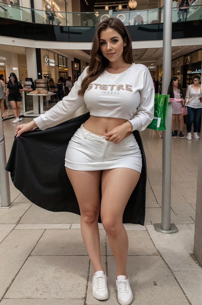 trileg, beautiful woman with three curvy legs, shopping in a mall, casual outfit with skirt, casual white sneakers, age 29, Irish,