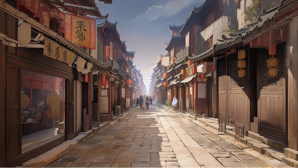There is a painting,The picture shows a street with many buildings, Old city streets, Chinese streets, Dreamy Chinatown, Beautiful rendering of the Ming Dynasty, China Town, Traditional Chinese Concept Art, old asian village, Ancient city landscape, China Village, Anime Landscape Concept Art, old Chinese streets market, Dressed in vintage street clothes, China city, Chinese feudal background