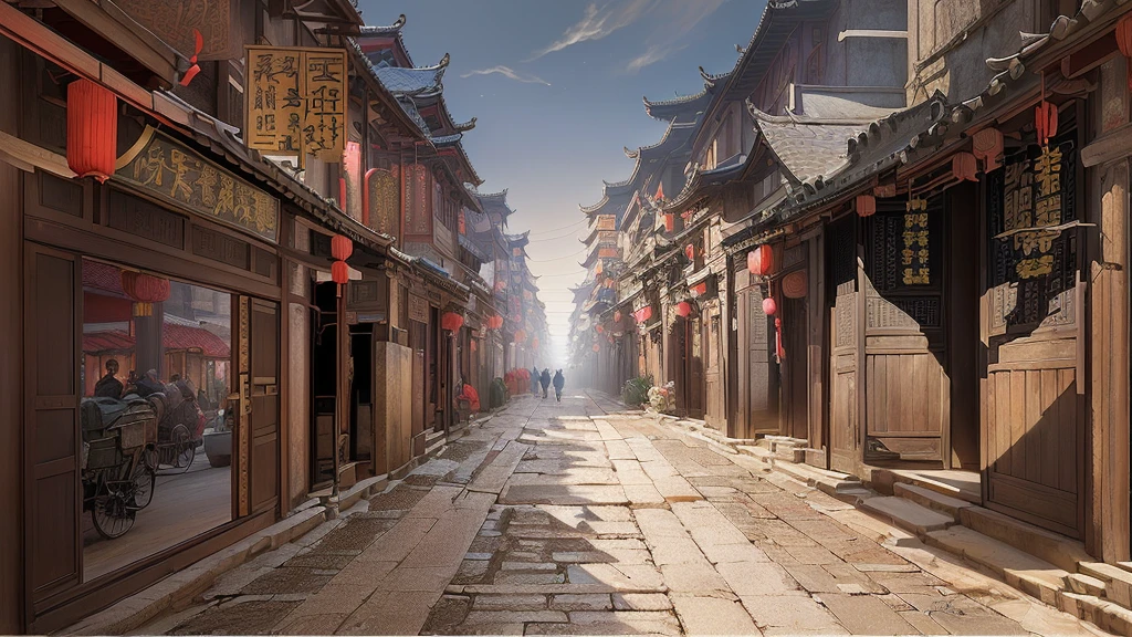 There is a painting,The picture shows a street with many buildings, Old city streets, Chinese streets, Dreamy Chinatown, Beautiful rendering of the Ming Dynasty, China Town, Traditional Chinese Concept Art, old asian village, Ancient city landscape, China Village, Anime Landscape Concept Art, old Chinese streets market, Dressed in vintage street clothes, China city, Chinese feudal background