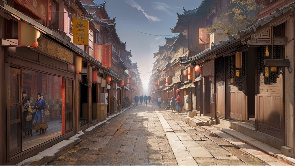 There is a painting，The picture shows a street with many buildings, Old city streets, Chinese streets, Dreamy Chinatown, Beautiful rendering of the Ming Dynasty, China Town, Traditional Chinese Concept Art, old asian village, Ancient city landscape, China Village, Anime Landscape Concept Art, old Chinese streets market, Dressed in vintage street clothes, China city, Chinese feudal background