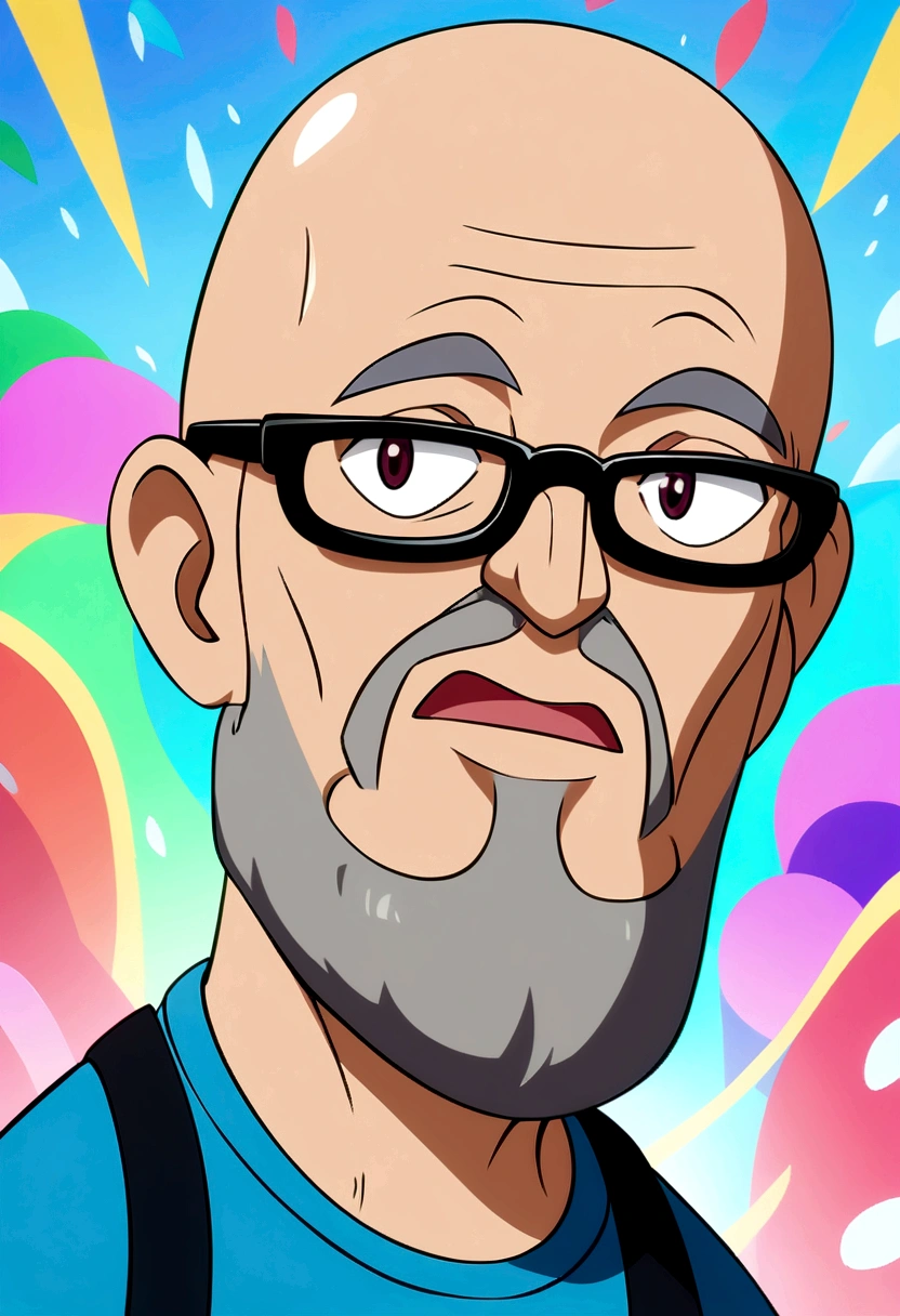 Cartoon character of a bald man with a gray beard with black glasses and a blue shirt, animation character, Caractere estilizado, animation style rendering