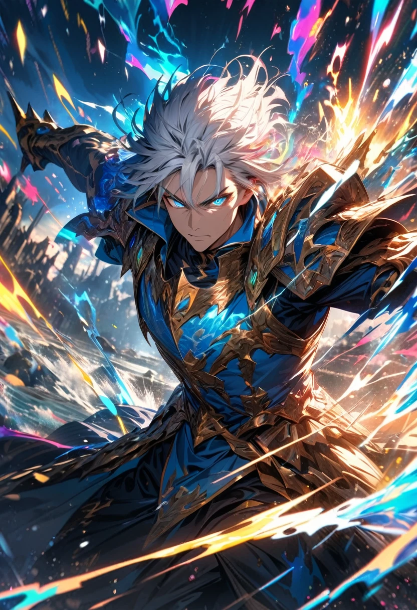 absurdres, highres, ultra detailed, HDR, masterpiece, extremely detailed face and eyes, dragon knight , colorful white hair , , solo, man, handsome, , , Epic fight scene, colorful water splashing effect,colorful lightning  effect,glowing glitters, symetrical 