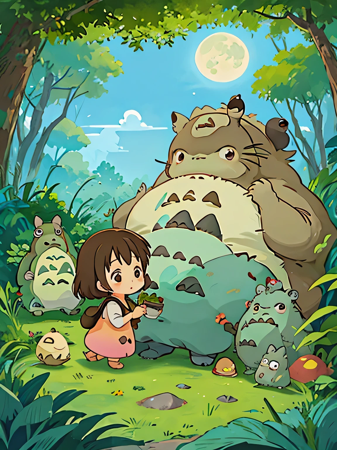 Hayao Miyazaki style、Kawaii Design, ((most beautiful girl ever))、Chibi, (((expedition)))、((Mammoth)), hunting, ((primitive)), Pikachu, (((Totoro))), Lunar Surface, Colorful and cute pillbugs