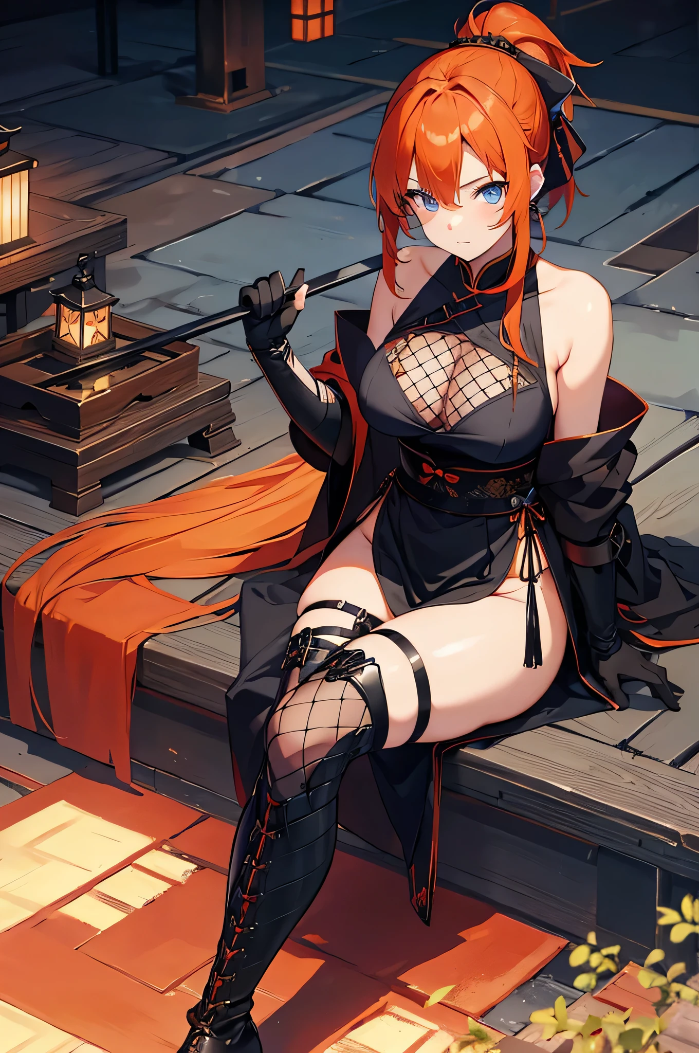 4k,High resolution,One Woman,Orange Hair,Long Ponytail,Blue Eyes,Big Breasts,samurai,Black Chinese dress,Sleeveless,Black fishnet stockings,Black gloves,Black boots,hair band,Japanese sword,Medieval town