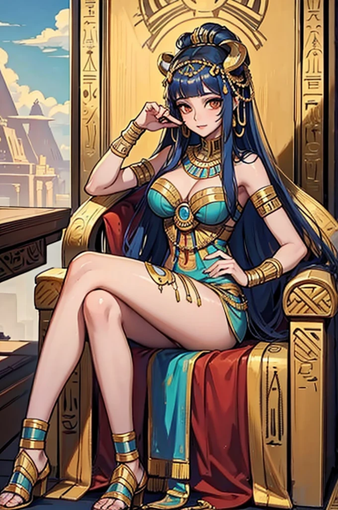 Create a full-body portrait of Nefertari, the ancient Egyptian queen. She is seated on a luxurious chair with her legs crossed, exuding elegance and authority. Nefertari has a beautiful face, adorned with traditional ancient Egyptian makeup and jewelry. She wears a finely detailed traditional Egyptian dress, showcasing her high status. The background features lush papyrus plants, enhancing the ancient Egyptian ambiance and emphasizing her royal surroundings.