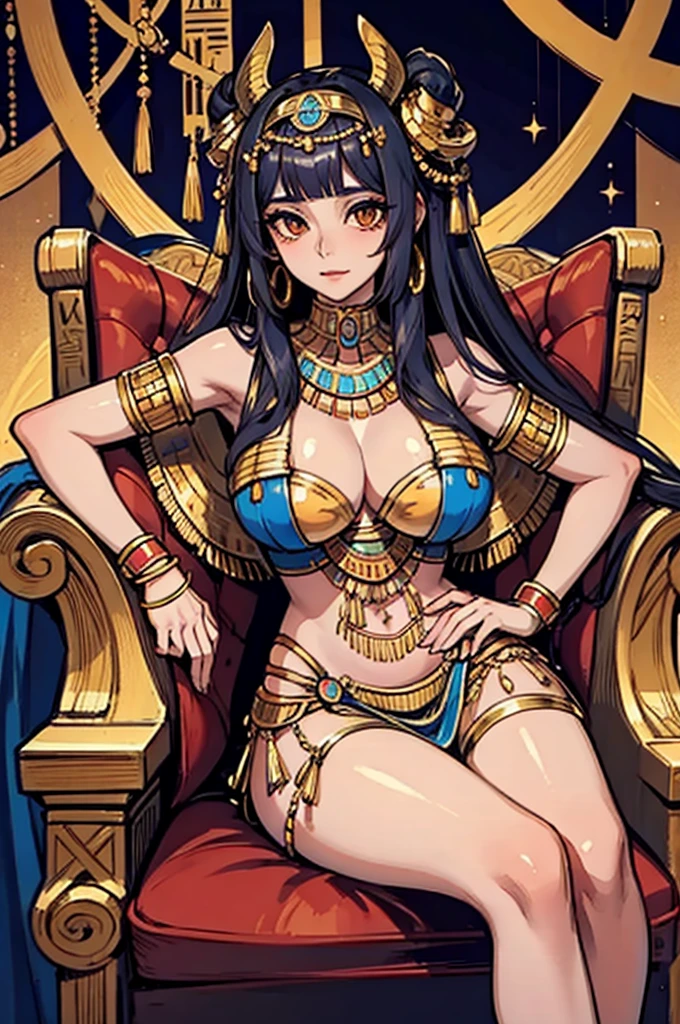 Create a full-body portrait of Nefertari, the ancient Egyptian queen. She is seated on a luxurious chair with her legs crossed, exuding elegance and authority. Nefertari has a beautiful face, adorned with traditional ancient Egyptian makeup and jewelry. She wears a finely detailed traditional Egyptian dress, showcasing her high status. The background features lush papyrus plants, enhancing the ancient Egyptian ambiance and emphasizing her royal surroundings.