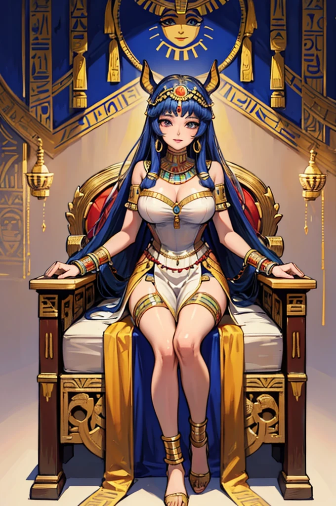 Create a full-body portrait of Nefertari, the ancient Egyptian queen. She is seated on a luxurious chair with her legs crossed, exuding elegance and authority. Nefertari has a beautiful face, adorned with traditional ancient Egyptian makeup and jewelry. She wears a finely detailed traditional Egyptian dress, showcasing her high status. The background features lush papyrus plants, enhancing the ancient Egyptian ambiance and emphasizing her royal surroundings.