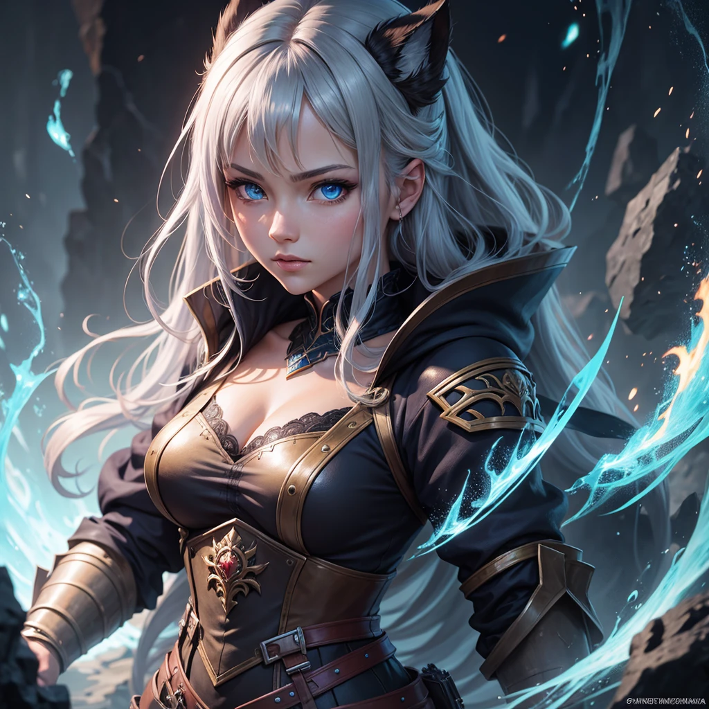 sexy sorceress fighting with the werewolf in a dark alley at night, there are some torches flaming and lighting the scene, some crawlers lurking around, fantasy, dark fantasy, high details, very detailed, blue hollow on the background