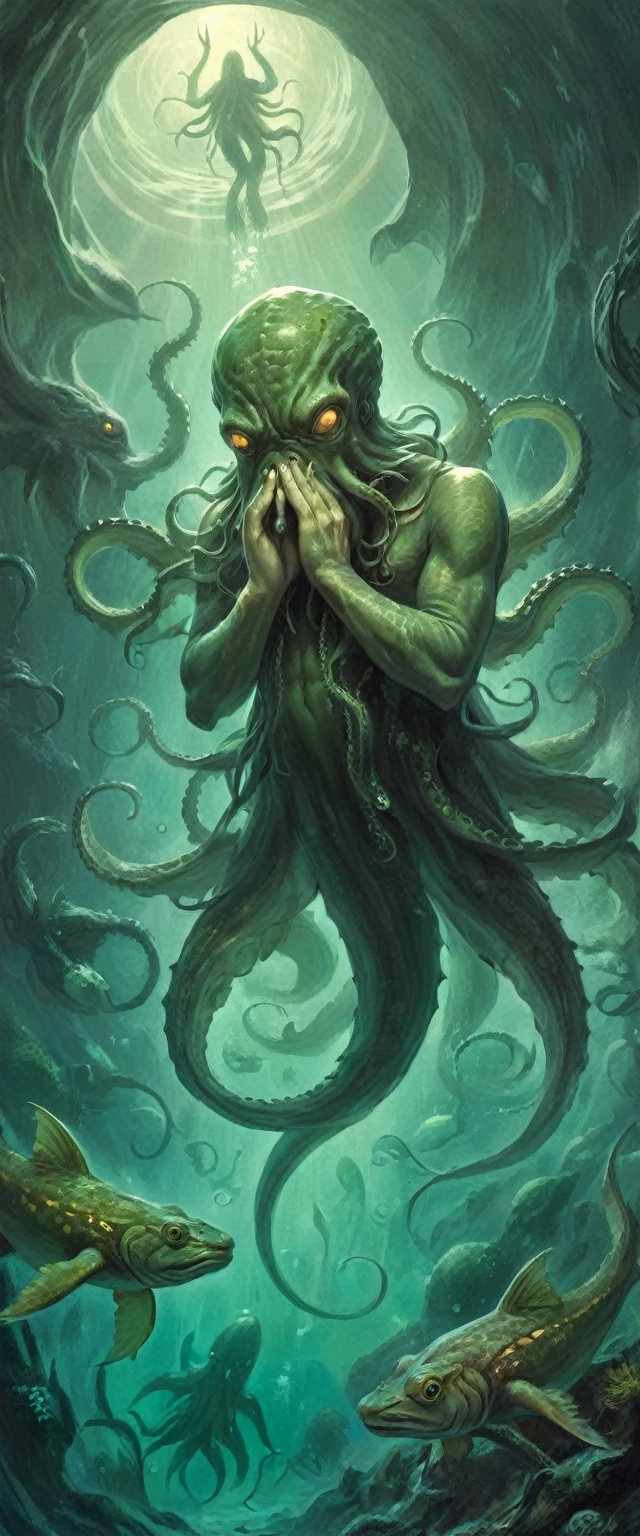 Cthulhu,Monster,tentaculata，A polluted underwater world，Gloomy picture，Nuclear contamination，（Face:1.35）sarcoma