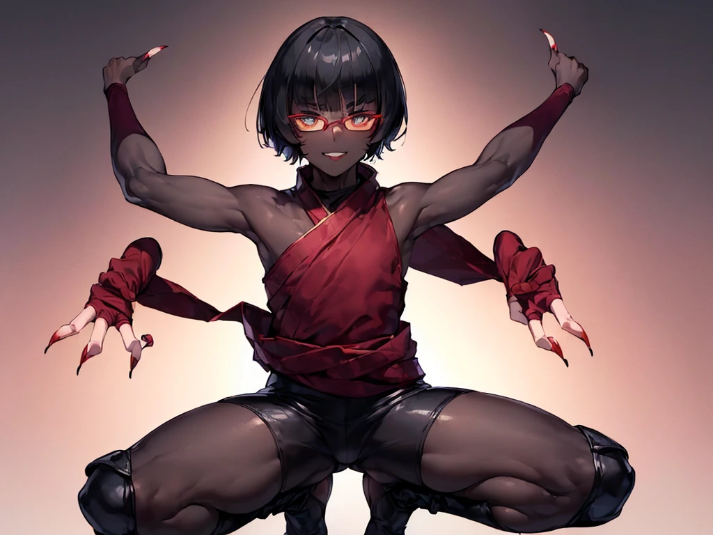 (flat chest), (masterpiece:1.2), highest quality, High resolution, unity 8k wallpaper, (fine and beautiful eyes:1.6), highly detailed face, perfect lighting, Detailed CG, (perfect hands, perfect anatomy), (1 boy solo:1.4), 20 years old, (black hair:1.3), extremely beautiful detailfeminine face and eyes, (evil smile:1.4), detailed eyes, best quality,(very dark skin:1.8), (turtleneck shirt under yukata:1.2), (bike shorts:1.2), extremely detailed, very precise detailed, (glasses:1.3), blunt bangs, open mouth, (very short pixie cut:1.2), boots,(fingerless gloves:1.2), smile, half closed eyes,long sidelocks,(long red Scarf),(yukata),(squatting),(acrobat pose:1.3),(squat:1.3),(one knee dwon:1.5),(put one foot in front:1.3) ,(index fingers up:1.7),(own hands clasped:1.7), spread legs,(arms up:1.5),(4 arms:1.8),asura