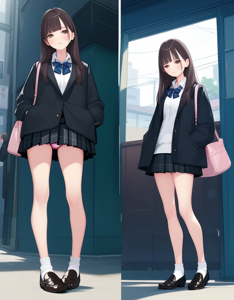 score_9,score_8_up,score_7_up,score_6_up,score_5_up,hd5,hadrian, 1girl, ama_mitsuki, underwear, panties, skirt, satin, satin panties, long hair, multiple views, jacket, bow, pleated skirt, bra, shoes, bangs, socks, hands in pockets, pantyshot, bag, bowtie, black hair, standing, from below, miniskirt, upskirt, brown eyes, ass, black footwear, loafers, shirt, breasts, school uniform, blunt bangs, coat, striped, full body, bare legs, black jacket, blue bow, plaid, long sleeves, blush, dated, black skirt, looking at viewer, white shirt, collared shirt, brown hair, pink panties, blue bowtie, sweater, thighs,