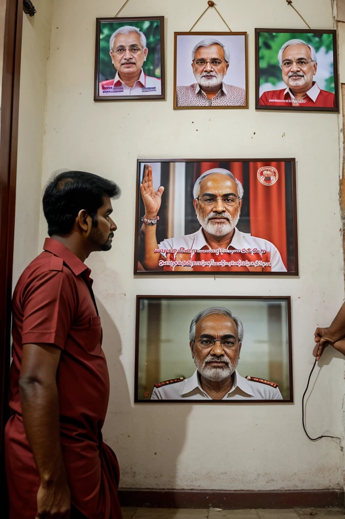 Create an image of inside of local committee office cpim Kerala hanging images of leader's