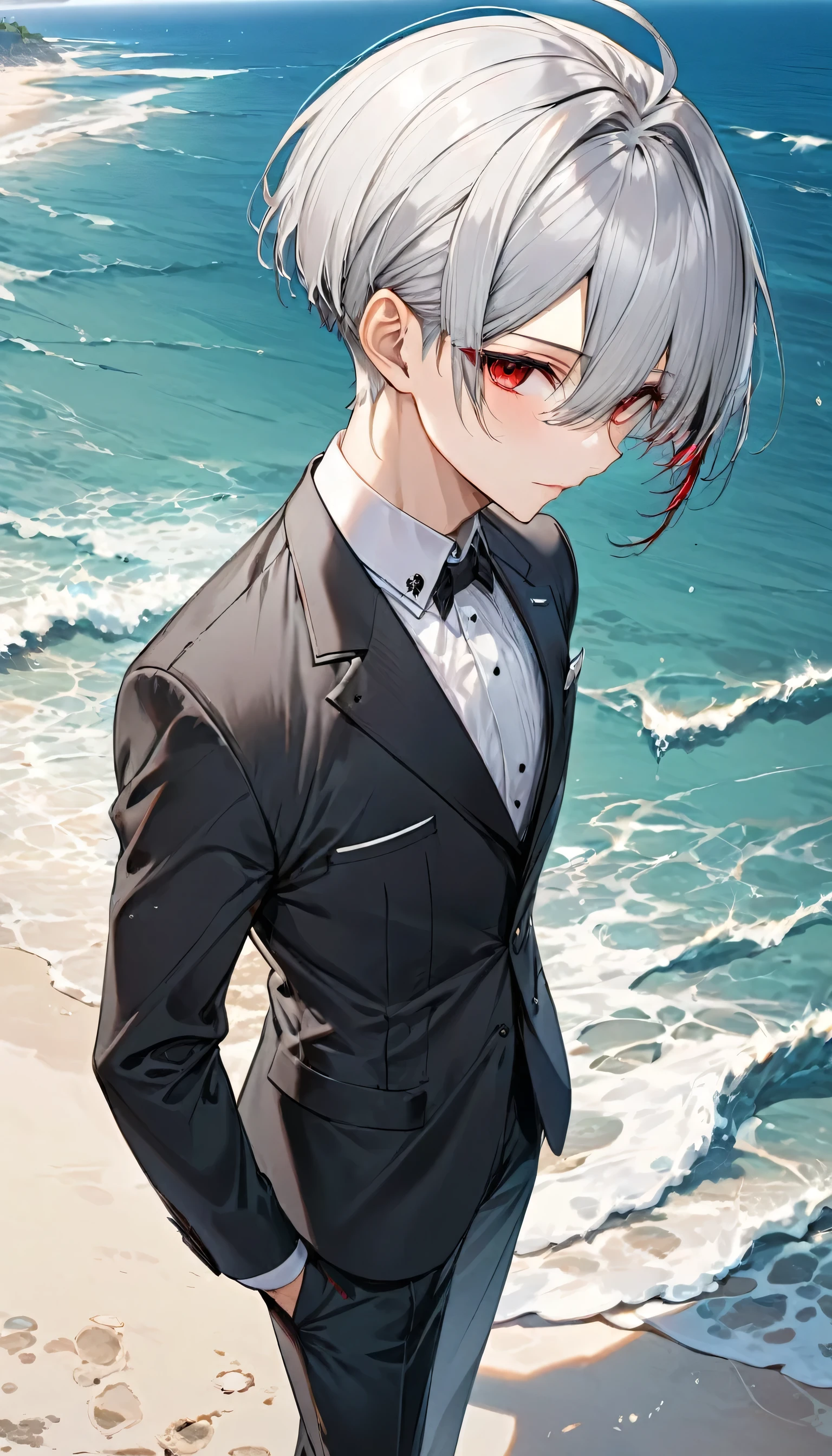 (profile:2, full-body), (love style) ((16 yo)), (solo:2 crew cut silver hair very short hair divine cool boy, serious red eyes), break, (in a butler suit), break, (in the open ocean view beach), (background detailed chapel), BREAK, perfect anatomy, masterpiece, best quality, 16k, beautiful detailed grow, daydreaming expression.