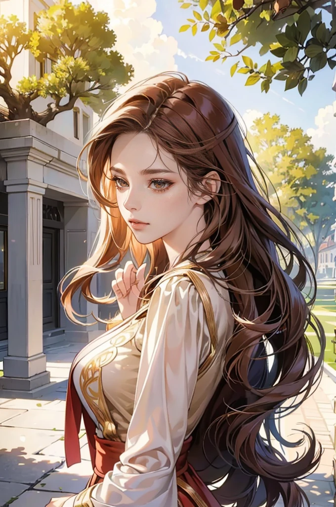 (masterpiece, high resolution, Ultra-detailed:1.0), (1W, adult women), perfect female body,eyes look at the camera, (miss:1.3), delicate eyes and delicate face, very detailed CG, unity 8k wallpaper, intricate details, Solo person, detailed face, (beige noble costume, with long red wavy hair, brown eyes, Glad look), outdoor, Sonoko, Flowers and trees, marble column, color difference, depth of field, dramatic shadows, ray tracing, best quality, portrait