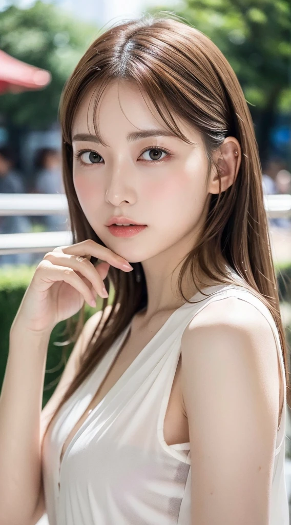 1womanl, up of face, mideum breasts, light brown hair, Blunt bangs, hair behind ear, hair over shoulder, Long hair, slender body shape, Ultra Fine Face, Thin face, Delicate lips, Beautiful eyes, thin blush, eyes are light brown, perfect glossy skin, flawless skin, Glistening sweat,View here, Ultra-thin hands, Ultra-fine fingers, best ratio four finger and one thumb, (realisitic:1.3), See-through white blouse. An amusement park, One-person viewpoint, Fuji Film, F/1.2, 8K, masutepiece, nffsw, Super Detail, High quality, Best Quality, hight resolution