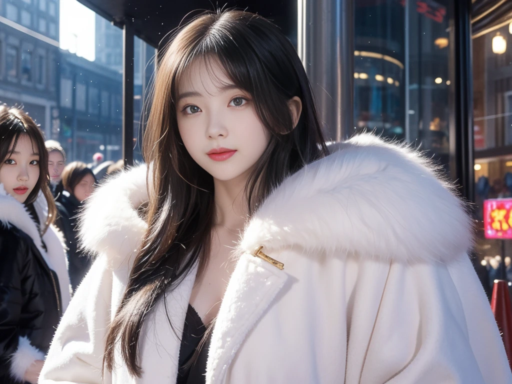 fluffyの毛皮。fluffy、A Russian girl with a fair complexion and a young face。A frontal shot looking directly at the viewer、Smiling。Beautiful women in luxurious furs。Old-fashioned。Fisheye Lens、Fur coat。snow。