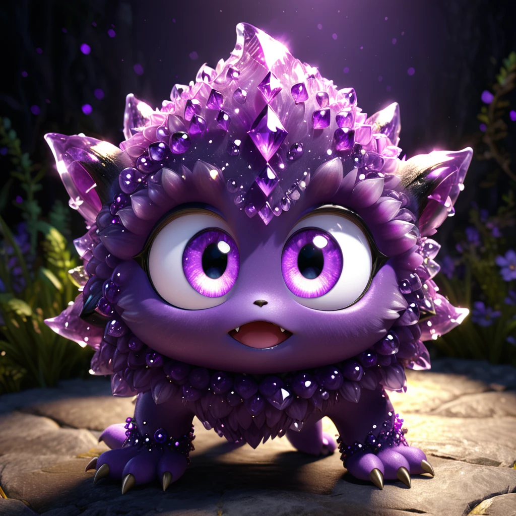 A cute amethyst monster with big sparkling eyes, showcasing a mysterious purple glow. This fascinating and magical gemstone character will intrigue children with its whimsical and enchanting charm. --ar 1:1 --v 6.0 --3D render