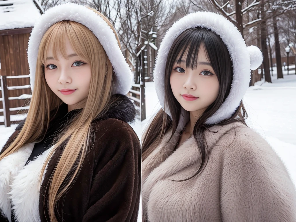 fluffyの毛皮。fluffy、A Russian girl with a fair complexion and a young face。A frontal shot looking directly at the viewer、Smiling。Beautiful women in luxurious furs。Old-fashioned。Fisheye Lens、Fur coat。snow。