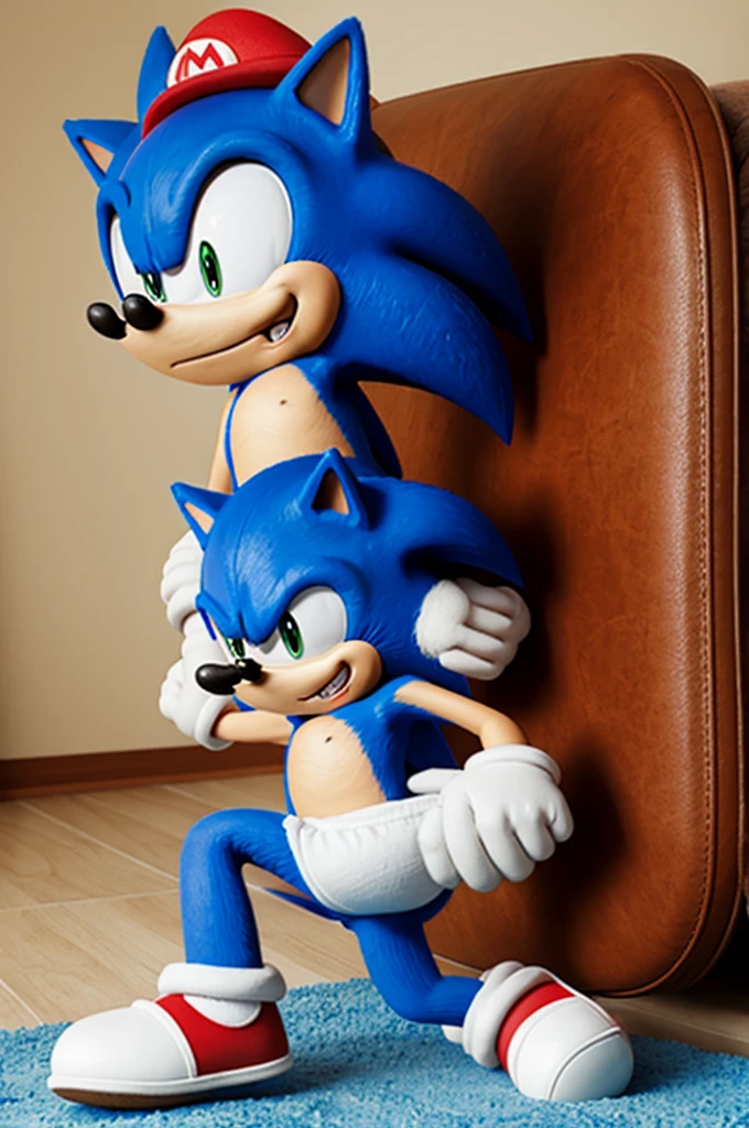 Cartoon sonic in a diaper next to super Mario