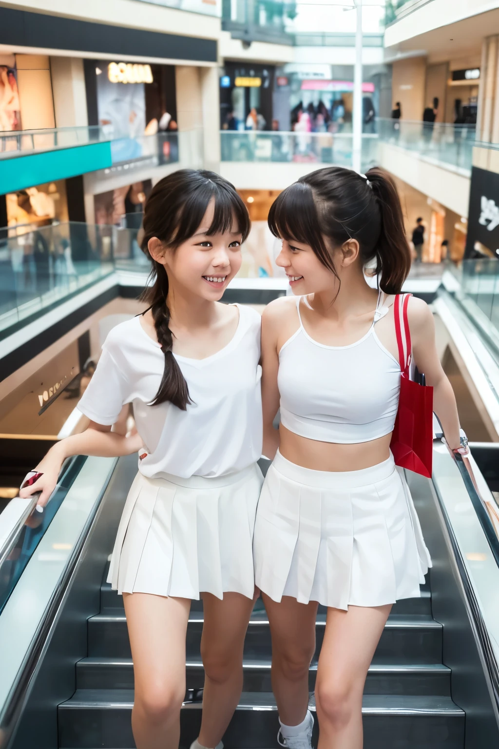 8k, real photo, two girls walking up long escalator ((in shopping mall:1.5)), ((white:1.5)) thin plain t-shirt with white pleated skirt, 14-year-old,bangs,a little smiles,thighs,knees,crotch,low ponytail,from below, low angle, exposing white panty, in a process of taking off shirt, back shot
