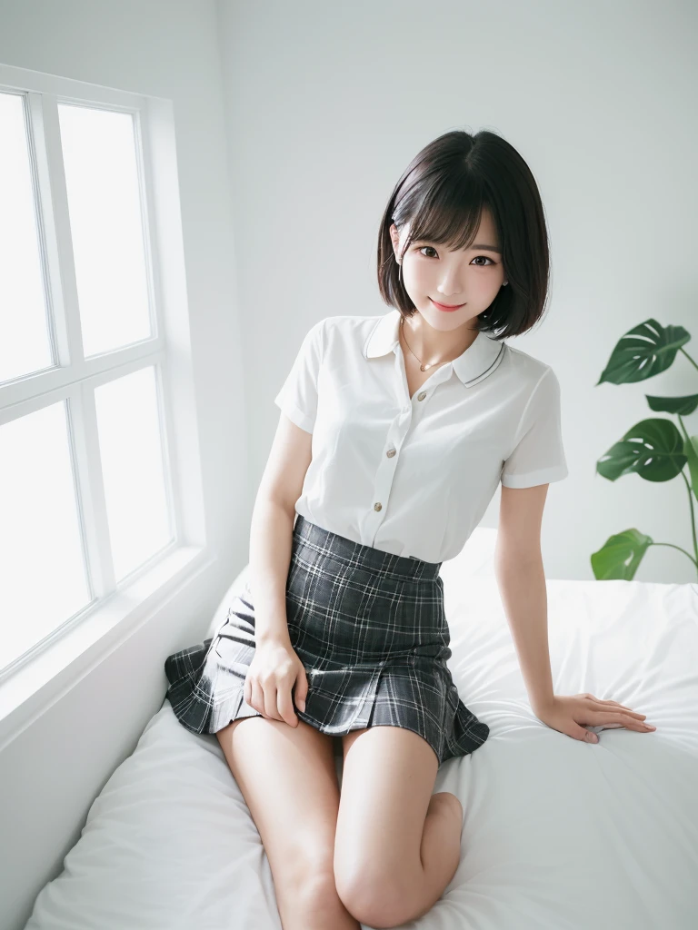 (Highest quality、masterpiece:1.9)、((Neat and clean female college student、1 person))、Soft lighting by a professional photographer、Natural light、((Very spacious white luxurious room:1.6))、((Bright white room:1.6))、(Sitting on a very luxurious white bed:1.2)、(White Bookcase:1.1)、Natural soft light、((Black Hair:1.1))、Fair skin、Detailed Eyes、double eyelid、Slightly puffy cheeks、((Small Face:1.0))、((Check One Piece、Grey mini skirt、Please wear it with the chest open.:1.1))、(smile)、((Girly pose 1.8))、High resolution,、((Short Hair:1.2))、((Full Body Shot:1.2))、Live-action image quality、((Height: 150cm))、Hands in front、Hide your hands between your legs、(bangs:1.1)、