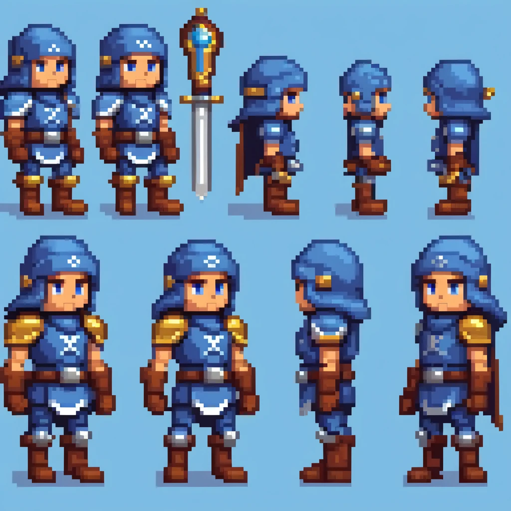 arte de pixel,arte de pixel,Crie uma planilha de design de personagem,ciborg guerreiro azul:heroi ciborg ,((3 view,todo o corpo, Fundo,multiple views,high resolution)),multiple views,multiple poses,ativo,action pose,dynamic,legal,Obra de arte,mais alta qualidade,Em detalhe,RPG,Famicom,various characters,multiple outfits,heroi ciborg  ,corajosamente,Cores ricas,colorida