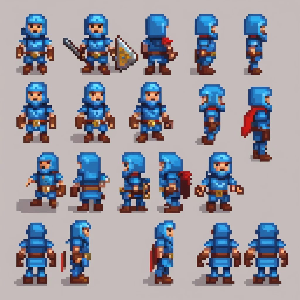 arte de pixel,arte de pixel,Crie uma planilha de design de personagem,ciborg guerreiro azul:heroi ciborg ,((3 view,todo o corpo, Fundo,multiple views,high resolution)),multiple views,multiple poses,ativo,action pose,dynamic,legal,Obra de arte,mais alta qualidade,Em detalhe,RPG,Famicom,various characters,multiple outfits,heroi ciborg ,corajosamente,Cores ricas,colorida