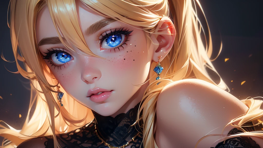 (Blonde stunning hair), (blue eyes), blue necklace, Golden earrings, Fit, brown eyebrows, (two moles over lip), detailed, big pupils, (23 years old), 1girl,solo, detailed face, complex skin, warm light, (large breasts), ((blushing)), ((detailed face, detailed eyes)), (masterpiece)), ((ultra-detailed)), (beautiful detailed eyes), red lip, eyeshadow, (erotic), ((sexy)), wearing tight black yoga shorts and pink bra, perfectly drawn body, beautiful face, ponytail hair, very detailed eyes, rosy cheeks, intricate details in eyes, perfect lips, full model view