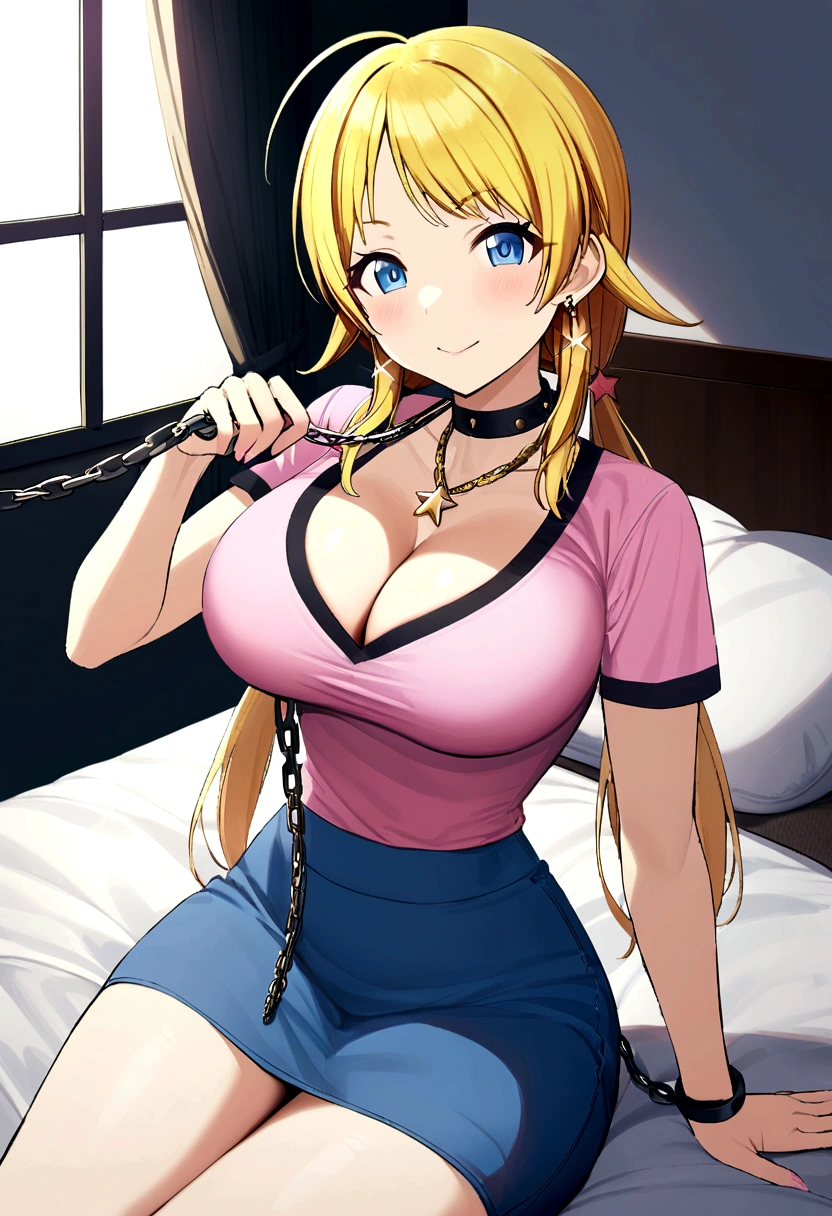 blonde Hachimiya Meguru with twintails, a very detailed face, blue eyes, very large breasts, a slim waist, slim hips, pink t-shirt with cleavage, a light blue skirt, a gold star necklace, very long chain earrings to the shoulders, sitting in a bedroom on a bed. On a pillow lies a leash.