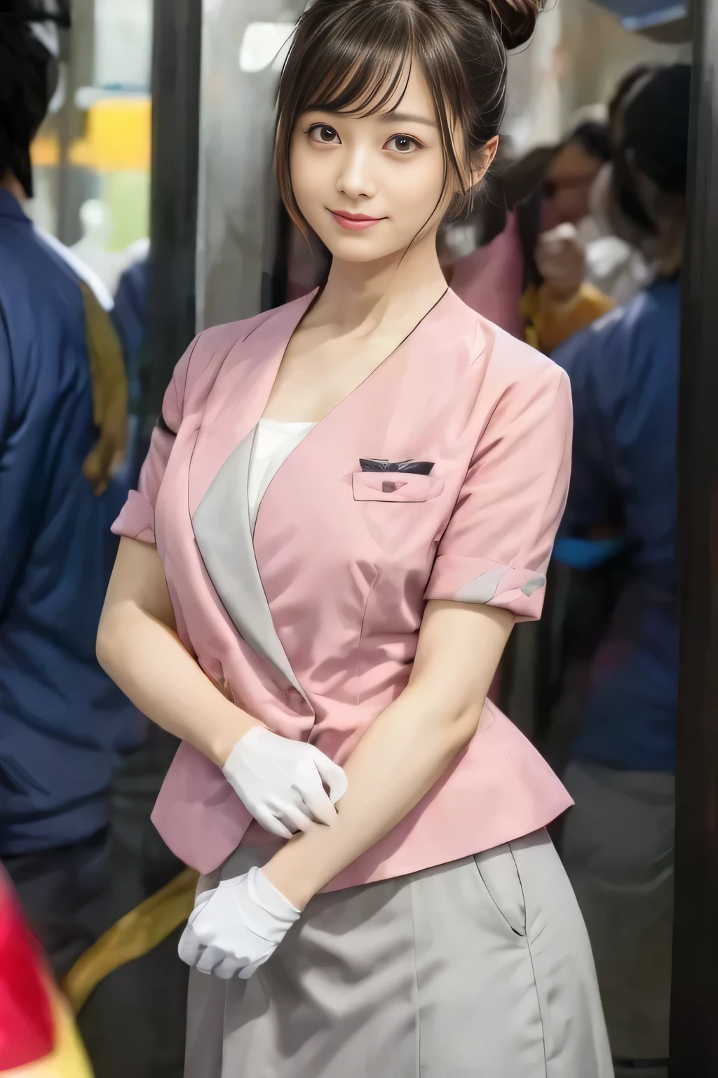 (masterpiece:1.2, Highest quality:1.2), 32K HDR, High resolution, (alone、1 girl)、(On the rooftop of a building in the daytime、Professional Lighting)、Building rooftop background、(Nankai train crew uniform pinkを着たリアルスタイル)、(Nankai train crew uniform pink short sleeve collarless pink jacket、Nankai Train Crew Uniform Pink Collarless Short Sleeve Blouse、Nankai Train Crew Uniform Pink Grey Knee-length Culottes)、((The bottom of the pink short-sleeved jacket cannot be tucked into the clay-colored culottes.))、Dark brown hair、(Hair tied up、Hair Bun、Hair Bun)、Dark brown hair、Long Shot、Big Breasts、Thin legs、((Great hands:2.0)),((Harmonious body proportions:1.5)),((Normal limbs:2.0)),((Normal finger:2.0)),((Delicate eyes:2.0)),((Normal eyes:2.0)))、(Nankai Train Crew Uniform Pink Grey Knee-length Culottesを見せた美しい立ち姿)、smile