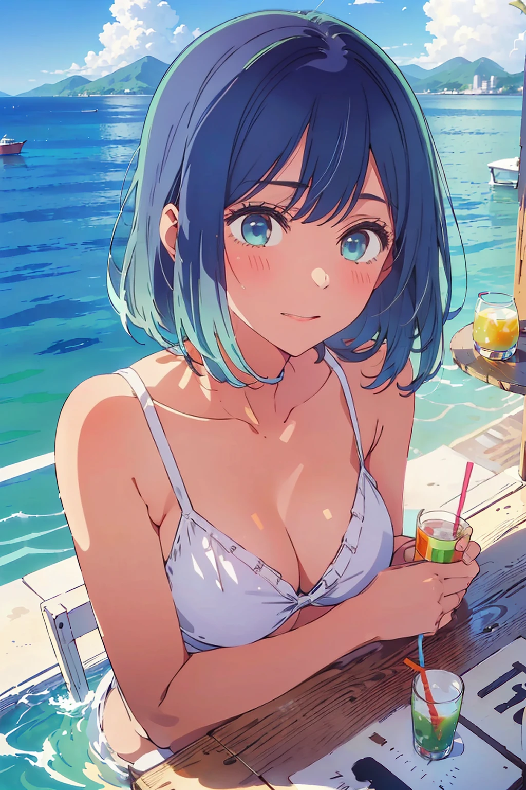 Highest quality,8k,detailed,F cup bust、Big Breasts、Slim and beautiful arms、Slim body、Very white beautiful skin、((((1 person、smile、Swimwear、Thin white bikini、smile、sit、In the background are the urban buildings of Tokyo、Outdoor café terrace、Drink juice、Cheek resting on hand、coastal、table、looking at the camera、Very cute face、Looking up、Shooting from a distance、Shot from above、Navy hair color))))、Sexy pose、Very blue sky、A completely cloudless sky、She tilted her head slightly、The atmosphere is bright and lively、The woman is at the center of the image。