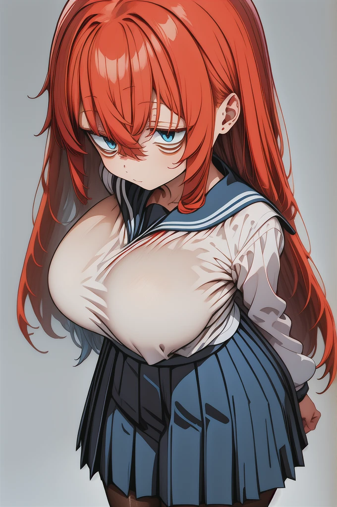 komaro, blue eyes, Orange Hair, Sagging under the eyes, bangs, Hair between the eyes, Long Hair, Long sleeve, , Seraph, Sailor collar, (White shirt:1.2), Pleated skirt, Black Pantyhose, Large Breasts,, Highest quality, masterpiece, High resolution,
