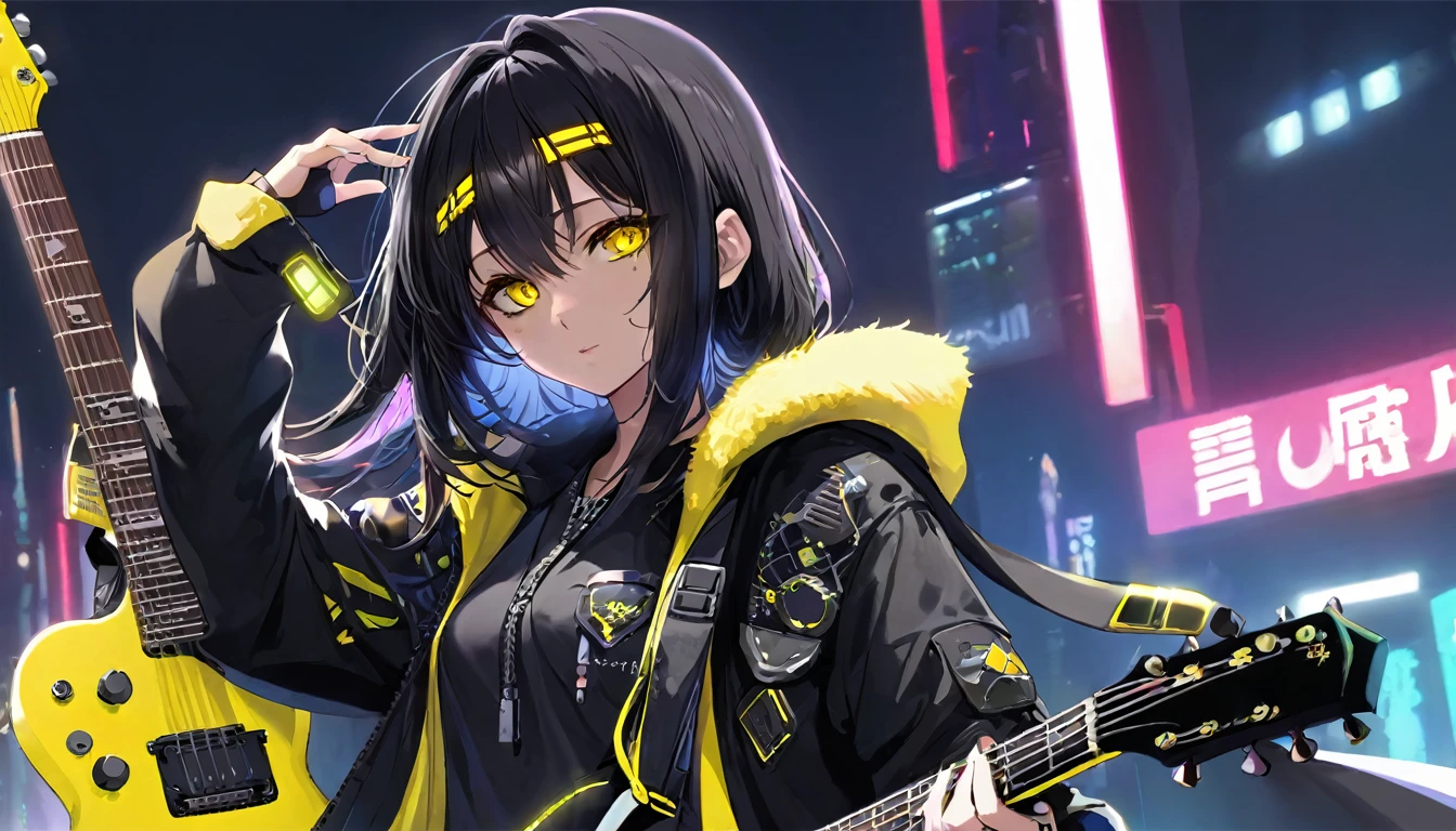 A girl playing the guitar、whole body、cyber punk、Yellow Eyes、Glowing Eyes、Black coat、Open coat、Teen