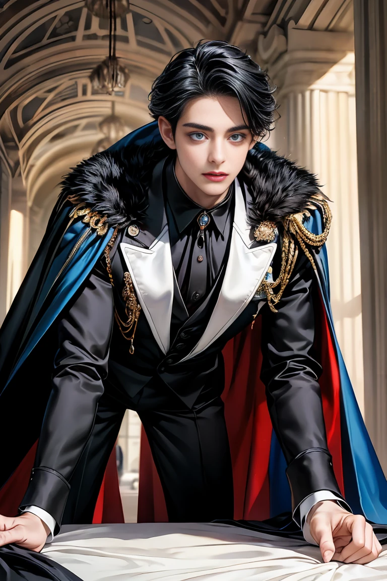 masterpiece, 最high quality, high quality, 1 boy, alone, Male focus, Watching the audience, Messy black hair, Adorable big blue eyes, White people, Noble, Noble,Sexy voluminous cape、Tuxedo、A very voluminous, large, very large, very large, long, long red and black cape with a high stand-up collar, reaching down to the floor, made of a lot of fabric., ,Cute beautiful boys,Cute, cute, kind, handsome guy
