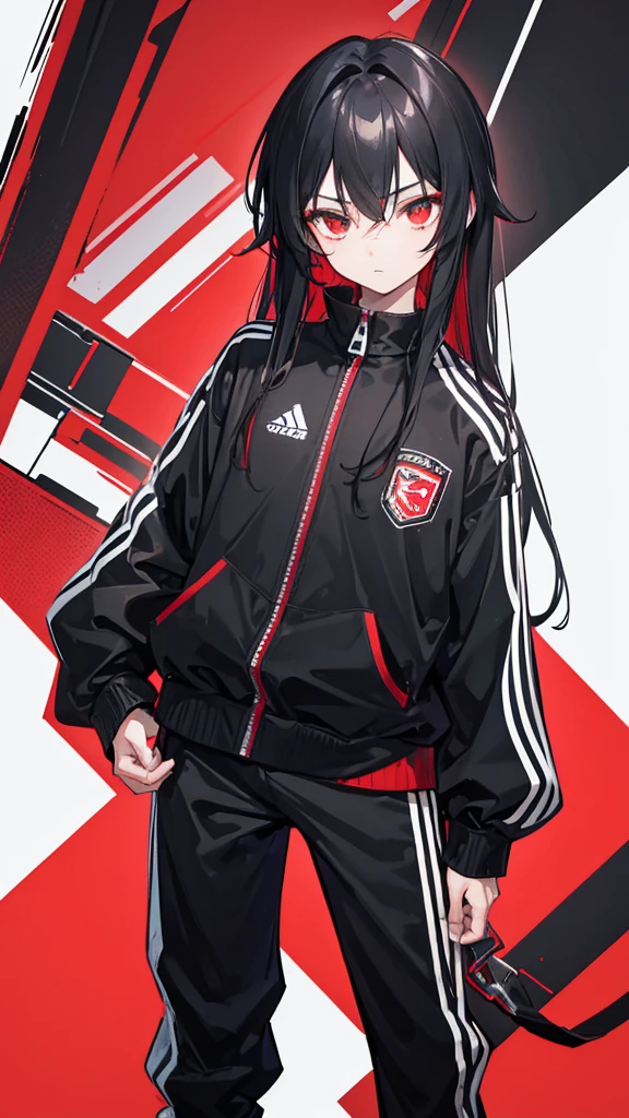 An illustration of a cool-looking boy around 15 years old with face-length hair that is 80% black and 20% red, wearing a red and black tracksuit with the zipper open.