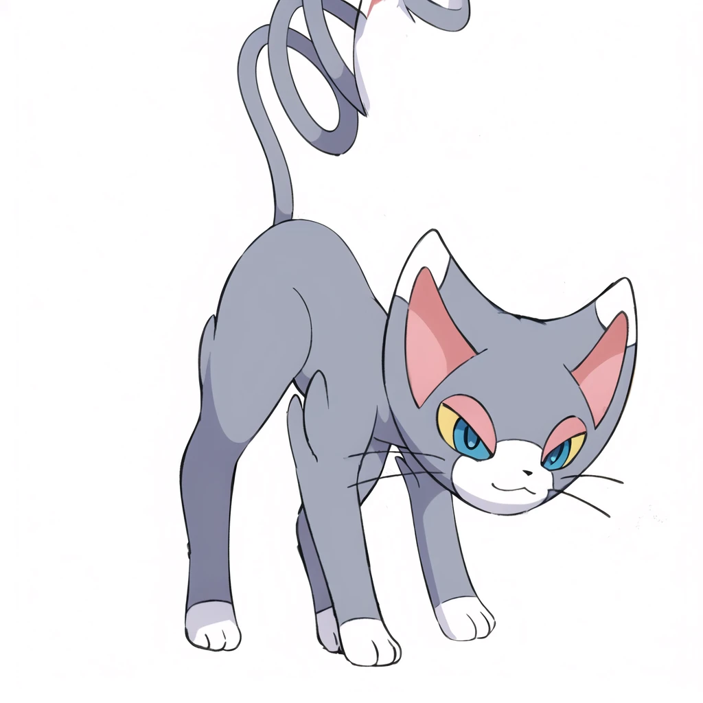 (masterpiece, best quality:1.2),solo,glameow \(pokemon\),pokemon \(creature\),full body,no humans,cat,blue eyes,grey fur,tail,city background,Redraw it in a beautiful anime style with a thin outline、Don't change the design