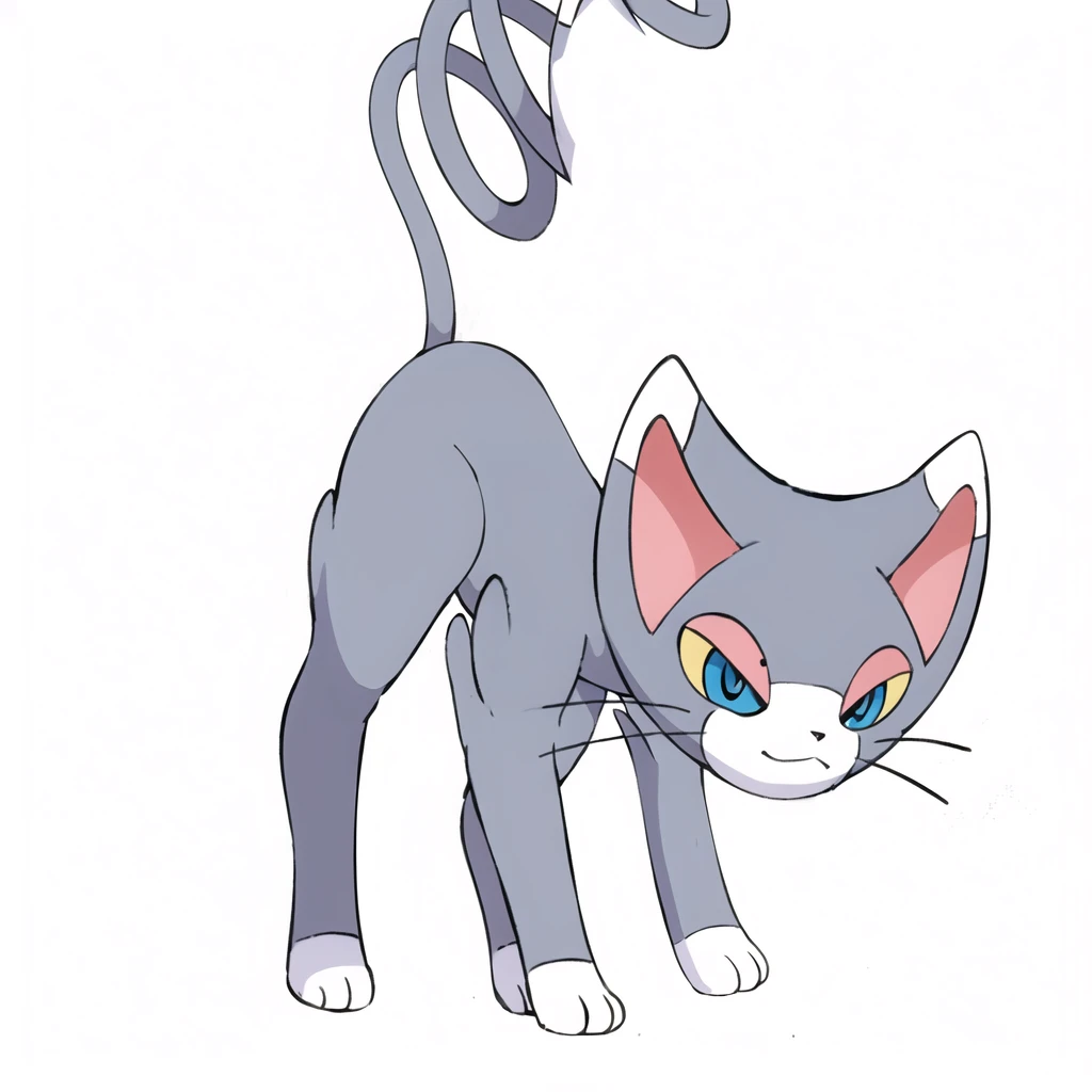 (masterpiece, best quality:1.2),solo,glameow \(pokemon\),pokemon \(creature\),full body,no humans,cat,blue eyes,grey fur,tail,city background,Redraw it in a beautiful anime style with a thin outline、Don&#39;t change the design