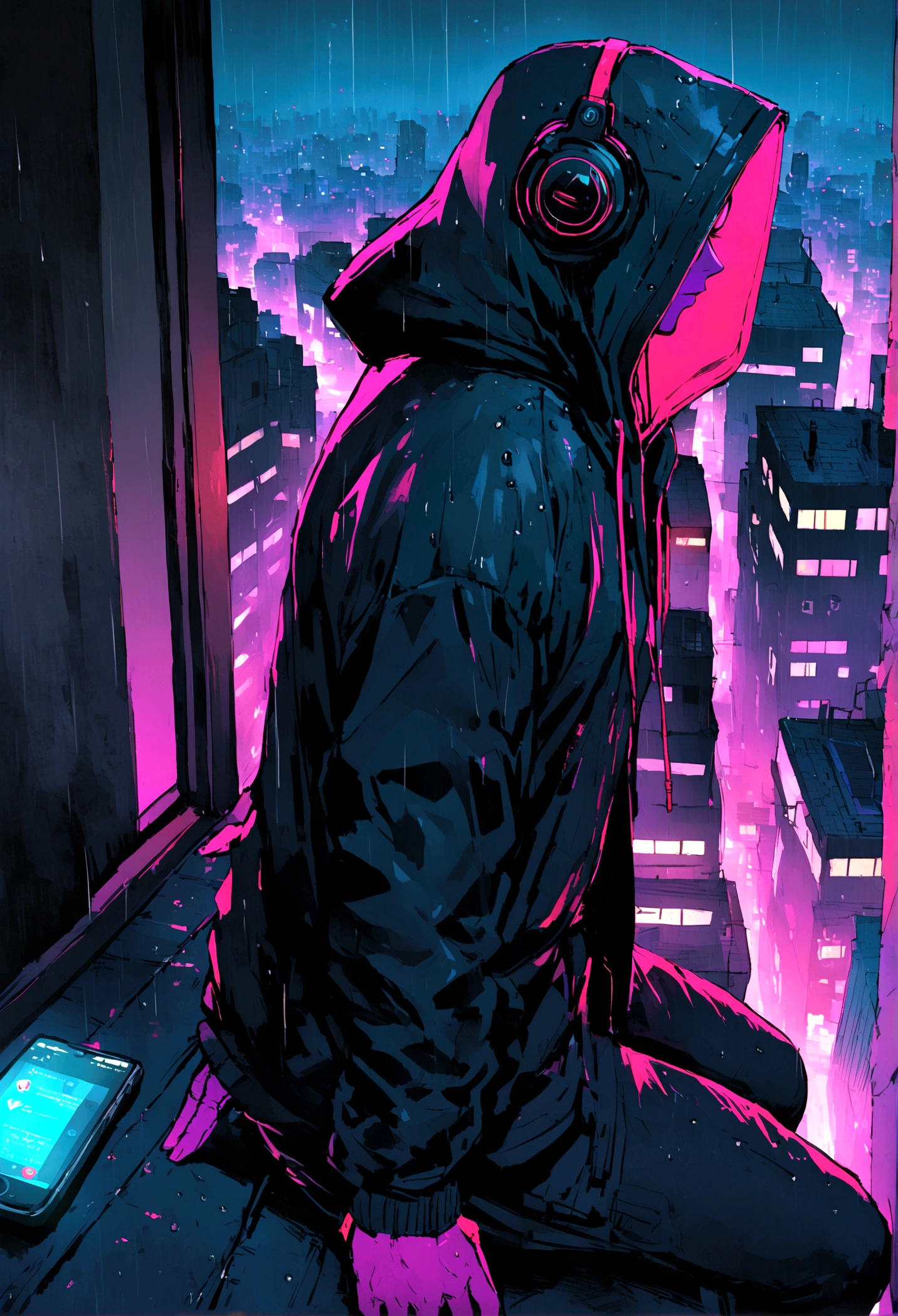 Brazilian male hooded cyberpunk hacker Using my cell phone on a rainy night in Tokyo on top of a building