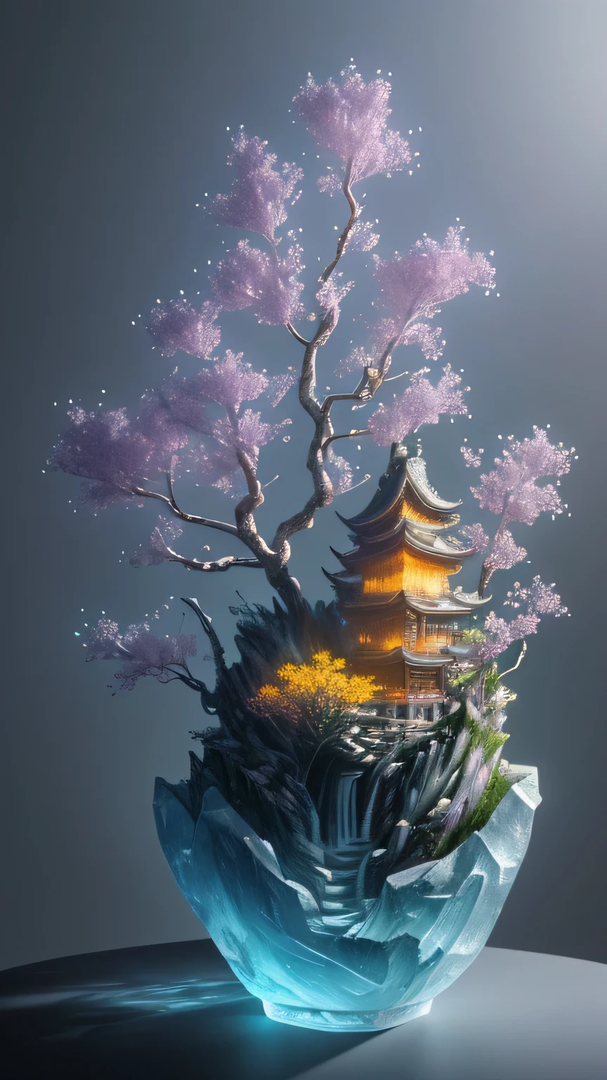 best quality, realistic, photorealistic,  ultra detailed, "Mountain of Flower and Fruit+Fairy+Chinese Architecture" highly detailed carving on "southern ice" porcelain,Ultra wide angle,Accent Lighting,Volumetric Lighting,backlighting, (detailed light),((an extremely delicate and beautiful)),dramatic_shadow,ray_tracing,hdr