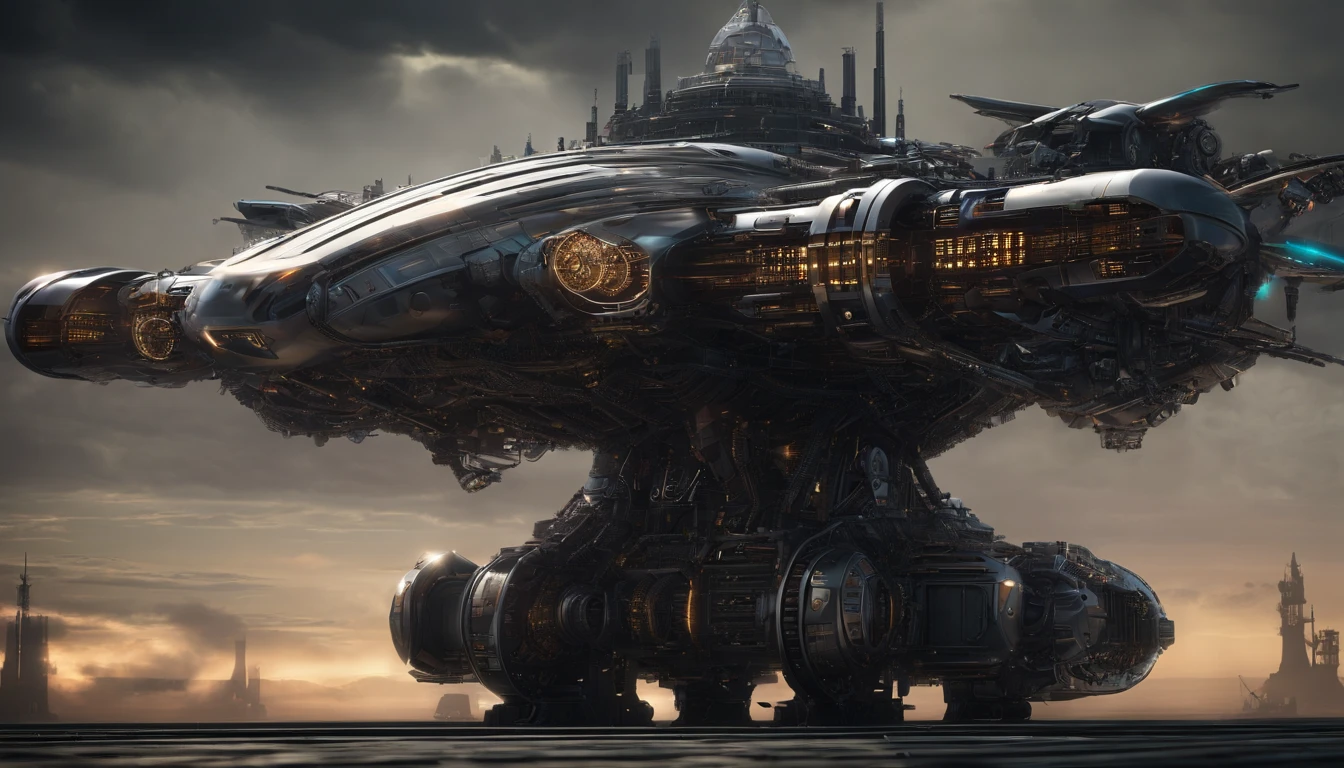 Steampunk Star Batship, Spielberg's vision, traveling by Saturn, cool 750k detail unveiling every minute feature, from the motherboard, intricately woven into the car's backbone to countless smoke-belching diodes and riveting artillery, sparks crackling in our peripheral vision, crystal diamond nacelles, in the rear.