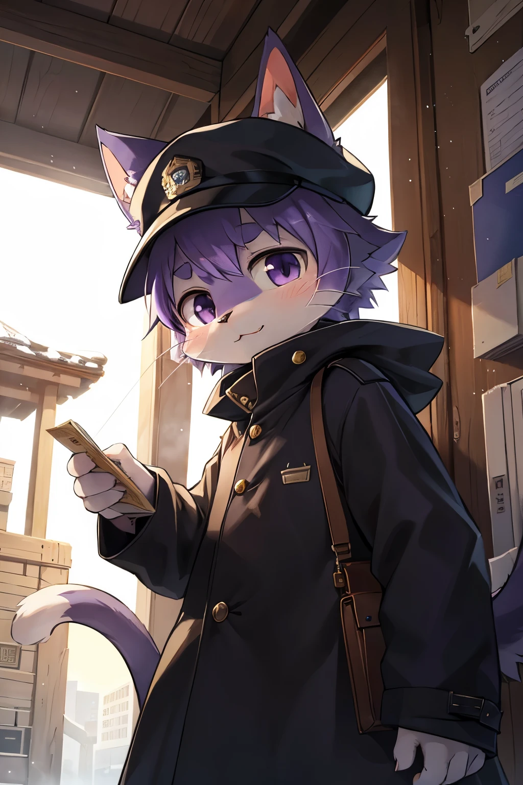 kemoshota, dark purple cat boy, whiskers, mailboy, post officer, baggy cap, baggy coat, shoulder bag which is full of letters and mails, dynamic angle, tail, animal ears, muffler, snowy