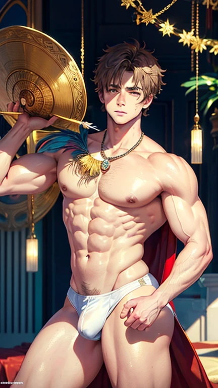 masterpiece, ((masterpiece)), Best quality, complex parts, expressive eyes, perfect face, detailed face, Highly detailed and fine figurine, ultra-realistic, detailed body, detailed pectoral muscles, ((Male focus)), detailed muscles, convex, rear view A handsome boy, , athletic build, ideal body, aesthetically beautiful, erotically tempting, seducing, offering himself With a beautiful sexy tango panti With round perfect buttocks, muscular, sweaty after a workout, In a Venetian mask with peacock and bird of paradise feathers, In White, red and gold colors, diamond chips all over the body