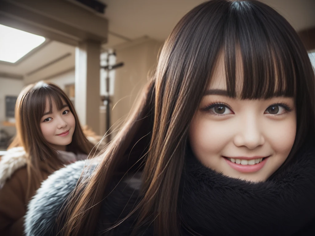 fluffyの毛皮。fluffy、A Russian girl with a fair complexion and a young face。A frontal shot looking directly at the viewer、Smiling。Beautiful women in luxurious furs。Old-fashioned。Fisheye Lens、Fur coat。snow。